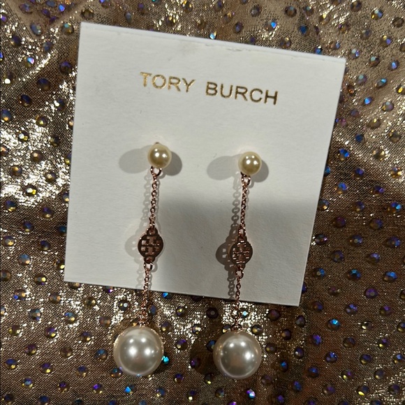 Tory Burch Jewelry - 833. Tory Burch Rose Gold  & Pearl Drop Earrings. 2”